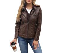 Chaqueta de Piel Sintética para Mujer, Informal, de Manga Larga, con Cremallera para Motociclista, conjunto de Dos Piezas con CaPUcha, Cazadora Bomber, Ropa de Primavera y Otoño, Color Café, 3XL