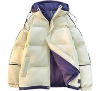 Chaqueta De Plumón Con Capucha Gruesa Holgada Informal Con Bloque De Color Para Mujer Otoño E Invierno Chaqueta De Plumón Con Capucha A Prueba De Viento Con Cremallera De Moda Cálida (Beige,S)