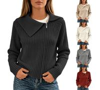 Chaqueta de punto acanalada corta con cuello de solapa y cremallera para mu | Abrigo Clasico Mujer Nieve Fiesta Agujas Entallado Marcas La Plumífero Borreguito Clasica Italiano Crema
