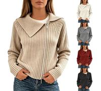 Chaqueta de punto acanalada corta con cuello de solapa y cremallera para mu | Abrigo Clasico Mujer Nieve Fiesta Agujas Entallado Marcas La Plumífero Borreguito Clasica Italiano Crema