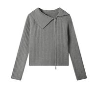 Chaqueta de punto acanalada corta con cuello de solapa y cremallera para mu | Abrigo Clasico Mujer Nieve Fiesta Agujas Entallado Marcas La Plumífero Borreguito Clasica Italiano Crema