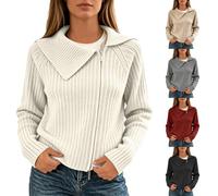 Chaqueta de punto acanalada corta con cuello de solapa y cremallera para mu | Abrigo Clasico Mujer Nieve Fiesta Agujas Entallado Marcas La Plumífero Borreguito Clasica Italiano Crema