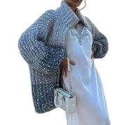 Chaqueta De Punto con Lentejuelas Monocromáticas, Chaqueta De Lentejuelas Brillantes para Mujer, Chaqueta Holgada De Punto con Mangas Largas (M,Azul)