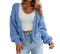 Chaqueta de punto corta para mujer, cuello de pico, tira de botones, parte frontal abierta, elegante, informal, manga larga, jersey de punto grueso, chaqueta monocolor, abrigo de punto cálido, O Sky