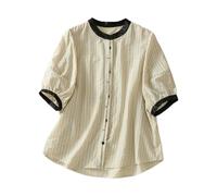 Chaqueta de punto de manga corta para mujer con rayas en contraste, suelta y reductora de edad, versátil, manga pequeña, camisa, top, caqui, XXL