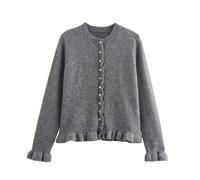 Chaqueta de punto decorativa para mujer de color sólido con borde negro, chaqueta de punto informal, chaqueta de hombro 2025, cuello redondo básico, elegante, gris, S