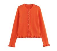 Chaqueta de punto decorativa para mujer de color sólido con borde negro, chaqueta de punto informal, chaqueta de hombro 2025, cuello redondo básico, elegante, naranja, L