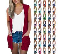 Chaqueta de punto ligera para mujer, de verano, larga, sin mangas, con frontal abierto, bolero, informal, con bolsillo, chaqueta de punto, fina, corte ajustado, cárdigan de punto elegante, chaqueta de