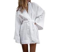 Chaqueta de punto para mujer, color liso, algodón suelto, blusa de longitud media, falda, tirantes, abrigo, camisas de lino de algodón, cartera para mujer, Blanco, M