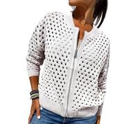 Chaqueta de punto para mujer con cremallera y recortes, suéter de ganchillo con cremallera para mujer, parte superior de punto hueco para mujer, ropa exterior de punto de ganchillo (blanco, L)