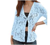 Chaqueta de punto para mujer con encaje, blusa estilo bohemio, blusa de manga 3/4, camiseta delantera abierta, elegante, jersey de malla, abrigo, ropa exterior, kimono, cárdigan, azul claro, XL