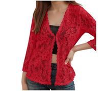 Chaqueta de punto para mujer con encaje, blusa estilo bohemio, blusa de manga 3/4, camiseta delantera abierta, elegante, jersey de malla, abrigo, ropa exterior, kimono, cárdigan, rojo, XL