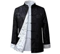 Chaqueta de satén de seda para hombre, doble cara, manga larga, ropa Fu Hanfu, Negro/gris., XL