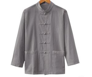 Chaqueta de traje chino Tang para hombre, uniforme tradicional de Kung Fu, Tai Chi, para cuello alto, manga larga, con botones, abrigo casual, color sólido, camisa de lino de algodón, uso diario, gris