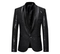 Chaqueta de traje de lentejuelas brillantes para hombre, con un botón, esmoquin para fiestas, bodas, banquetes, bailes de graduación, Negro#3, M
