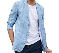 Chaqueta de Traje Informal de Lino for Hombre, Top Sencillo de Lino de algodón Delgado Transpirable refrescante de Color sólido de Verano (Color : Lake Blue, Size : M)