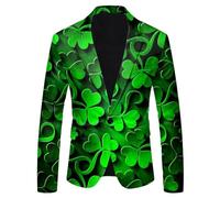 Chaqueta de traje para hombre del Día de San Patricio Vintage con estampado de solapa, chaqueta de traje con bolsillos verde trébol patrón festivo fiesta disfraz para carnaval y noches temáticas, Nº