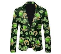 Chaqueta de traje para hombre del Día de San Patricio Vintage con estampado de solapa, chaqueta de traje con bolsillos verde trébol patrón festivo fiesta disfraz para carnaval y noches temáticas, #005