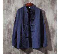 Chaqueta de traje Tang para hombre, camisa tradicional china con cuello mandarín, manga larga, color sólido, abrigo casual con botones para Kung Fu y Tai Chi (3XL azul marino)
