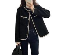 Chaqueta de Tweed Vintage Francesa para Mujer, Chaqueta Informal de Punto para Negocios Chaqueta de Cuello Redondo con Botonadura Sencilla y Manga Larga Chaqueta de Calle (Negro,M)