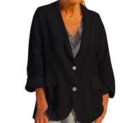 Chaqueta de verano para mujer, ligera, larga, de lino, tallas grandes, elegante, en blanco y negro, blazer con frente abierto, chaqueta de negocios con bolsillo y botones, chaqueta acolchada/blusa