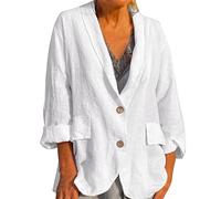 Chaqueta de verano para mujer, ligera, larga, de lino, tallas grandes, elegante, en blanco y negro, blazer con frente abierto, chaqueta de negocios con bolsillo y botones, chaqueta acolchada/blusa