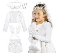 Chaqueta de Vestido de Comunión Blanca para Niña Cárdigan de Satén con Flor Accesorio para el Pelo Guantes de Comunión Horquilla Bolso, para Primera Comunion Boda Fiestas