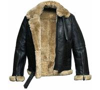 Chaqueta de vuelo RAF para hombres Aviador de cuero B3, con piel de oveja auténtica, chaqueta bomber de shearling genuino, invierno WW2 - Negro y marrón, Negro, L