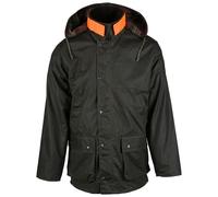 Chaqueta encerada NEW ENGLAND de estilo Cazador | Chaqueta de lluvia impermeable y cortavientos resistente | para cazadores, con Bolsa para conejo y rayas reflectantes, incluye capucha verde oliva XX-Large