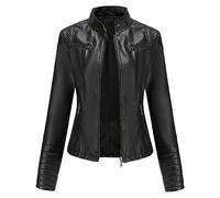Chaqueta fina de piel sintética para mujer, cuello alto, ligera de transición con cremallera, moda ciclista, corta, Negro , M