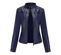 Chaqueta fina de piel sintética para mujer, cuello alto, ligera de transición con cremallera, moda ciclista, corta, azul, L