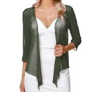 Chaqueta Fina Mujer,Cárdigan Tipo Bolero De Gasa para Mujer, Chal con Mangas 3/4, Frente Abierto, Ligero, Corto, para Cubrir, para Noche, Boda, Ocasión, Chaqueta Verde Oscuro L