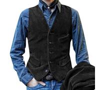 Chaqueta genérica Hombre Inglés Hombre Corduroy Suit Chaleco Slim Fit V cuello Down Waistcoat Western Cowboy Sleeveless Jackets Wedding Chaqueta Cuero Hombre Negro Caro, Le Noir, S