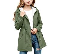 Chaqueta impermeable para niñas, resistente al viento, con capucha, cordón en la cintura para exteriores, Ejercito Verde, 15-16 años