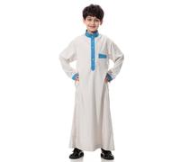 Chaqueta infantil joven árabe tóbe musulmana, caftán de manga larga, túnica de cuello redondo, traje nacional, conjunto de batas bordadas de manga larga para adolescentes abrigo infantil, Blanco, 3-4