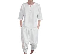 Chaqueta Kimono Hombre Estilo Japonés Grulla Voladora Siete Mangas Abrigo con Frente Abierto Conjunto de Dos Piezas de Lino Retro Estilo Chino para Verano de Un Solo Color Suelto Talla Grande