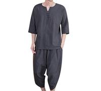 Chaqueta Kimono Hombre Estilo Japonés Grulla Voladora Siete Mangas Abrigo con Frente Abierto Conjunto de Dos Piezas de Lino Retro Estilo Chino para Verano de Un Solo Color Suelto Talla Grande