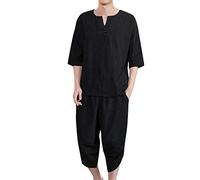 Chaqueta Kimono Hombre Estilo Japonés Grulla Voladora Siete Mangas Abrigo con Frente Abierto Conjunto de Dos Piezas de Lino Retro Estilo Chino para Verano de Un Solo Color Suelto Talla Grande