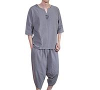 Chaqueta Kimono Hombre Estilo Japonés Grulla Voladora Siete Mangas Abrigo con Frente Abierto Conjunto de Dos Piezas de Lino Retro Estilo Chino para Verano de Un Solo Color Suelto Talla Grande
