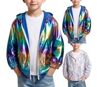 Chaqueta láser de gran tamaño con capucha y cremallera completa para niñas, para adolescentes, niñas, escuela, fiesta, baile, bolsillo, para verano, casual, día de los inocentes, azul, 5-6 años