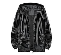 Chaqueta metálica metálica brillante chaqueta bomber para hombre impermeable ligera con capucha para exteriores, cortavientos hiphop de manga larga, R negro., 3XL