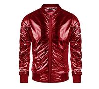 Chaqueta metálica para hombre 70s Disco Party Chaqueta universitaria Bomber de béisbol con cremallera (Rojo,S)