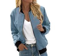 Chaqueta Mujer Corto Blouson Casual Piloto Manga Larga Abrigo Ligero Cremallera Sólido Chaqueta Impermeable y Cortavientos