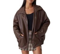 Chaqueta Mujer Talla Grande Chaqueta De Imitación Cuero Para Abrigos Cazadora De Piel Sintetica Tipo Bomber Chaqueta De Piel Sintética Con Cremallera Marrón Para Mujer Cálida Manga Larga Solapa