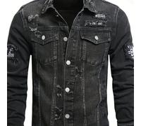Chaqueta negra desgastada para hombre con bordado, diseño casual y , exterior de estilo moderno, ideal para otoño, , uso diario, salidas y looks streetwear