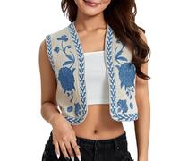 Chaqueta Negra Mujer-Chaleco Bordado para Mujer, Camisa Abierta Floral, Chaleco Corto, CáRdigan De Lino Sin Mangas, Chalecos, Tops