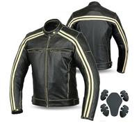 Chaqueta para motocicleta, modelo «The Bonnie», 100% piel de vacuno, color negro, rayas de color marfil