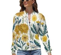 Chaqueta para Mujer Bomber Ligera,Otoño Invierno Manga Larga cremalleras Estampado Crisantemo Diente De León,Chaqueta de Piloto Campo Otoñal Flores,Cazadora Moda Casual Entretiempo Amarillo Dorado XL