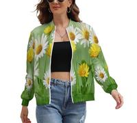 Chaqueta para Mujer Bomber, Primavera Pradera Ligera otoño Invierno Manga Larga Cremalleras Piloto Sudadera, Margarita Flor Cazadora Moda casual Blouson Abrigo Verde L