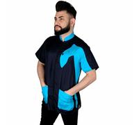 Chaqueta para peluquería canina con manga corta Vico Cani, negra-turquesa